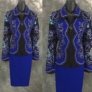 BEAUTIFUL St John evening black rhinestones embellished jacket skirt suit 6 8